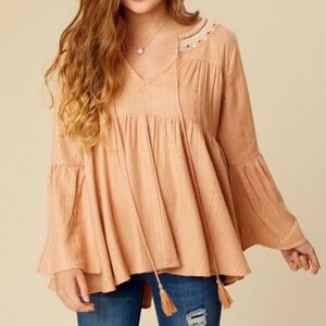 Altar'd State Long Sleeve Peach Pink Babydoll Boho Bell Sleeve Top Size XL